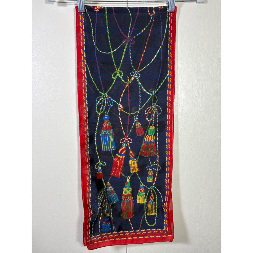 Vintage 80s Silk Tassel Rope Scarf Navy Blue Red Oblong Italy Equestrian 54x11